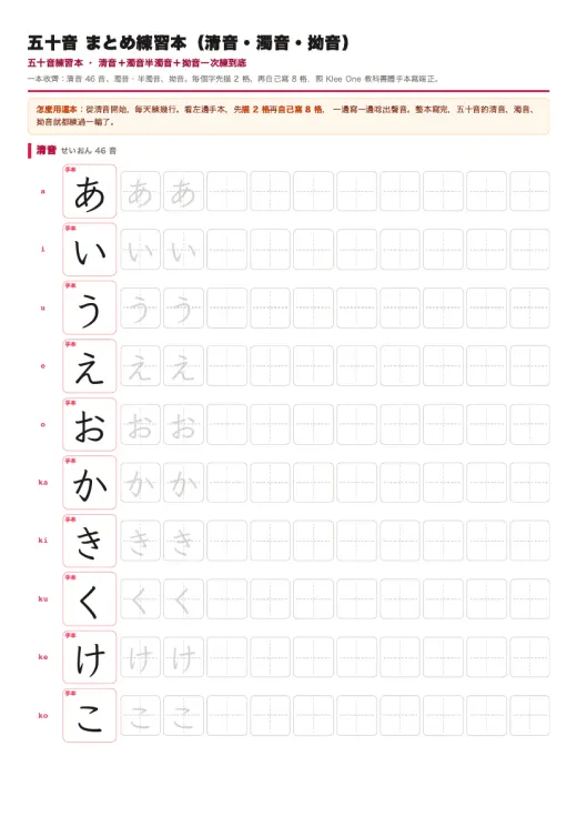 五十音總複習練習本（清音＋濁音＋拗音） 的 PDF 預覽